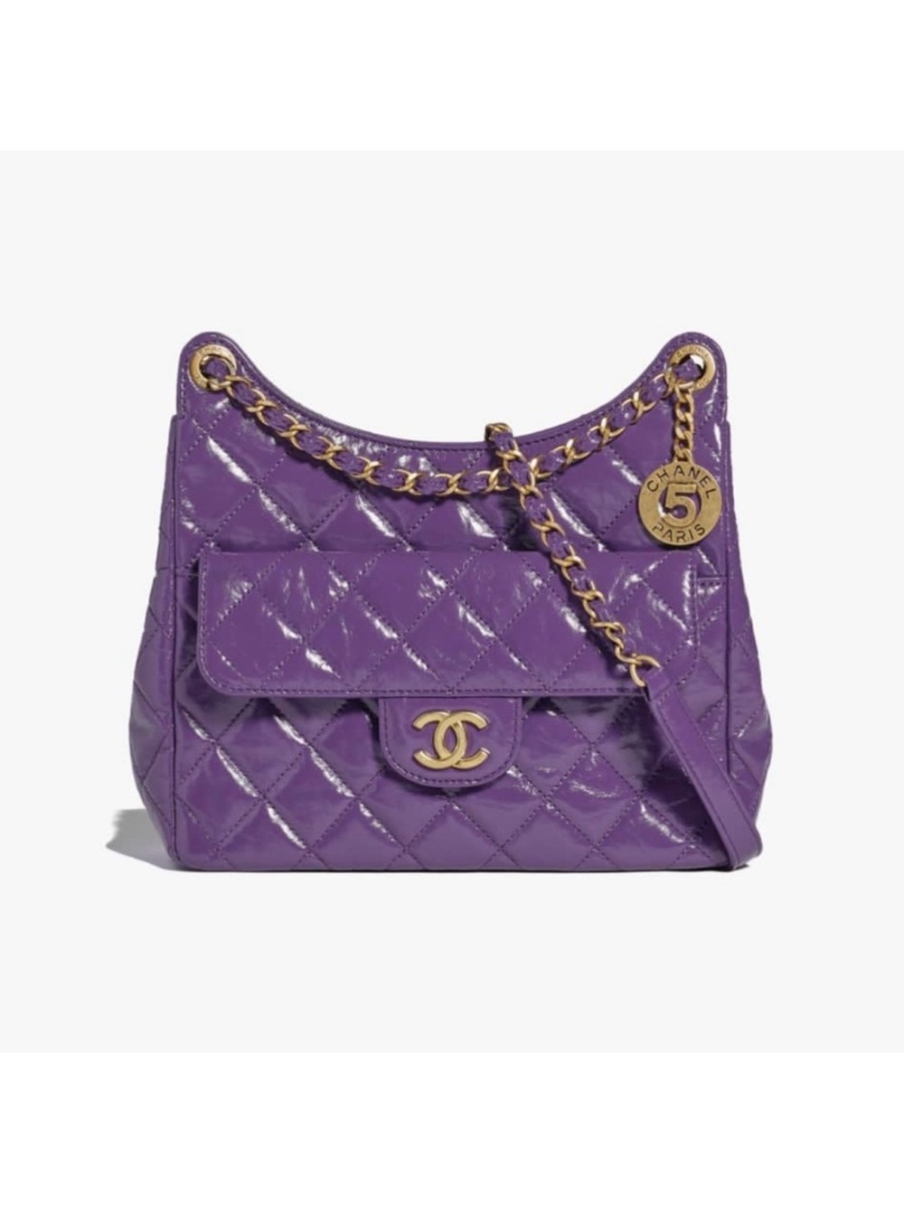 CHANEL Purple Quilted Patent Leather Shoulder Bag with Gold Hardware